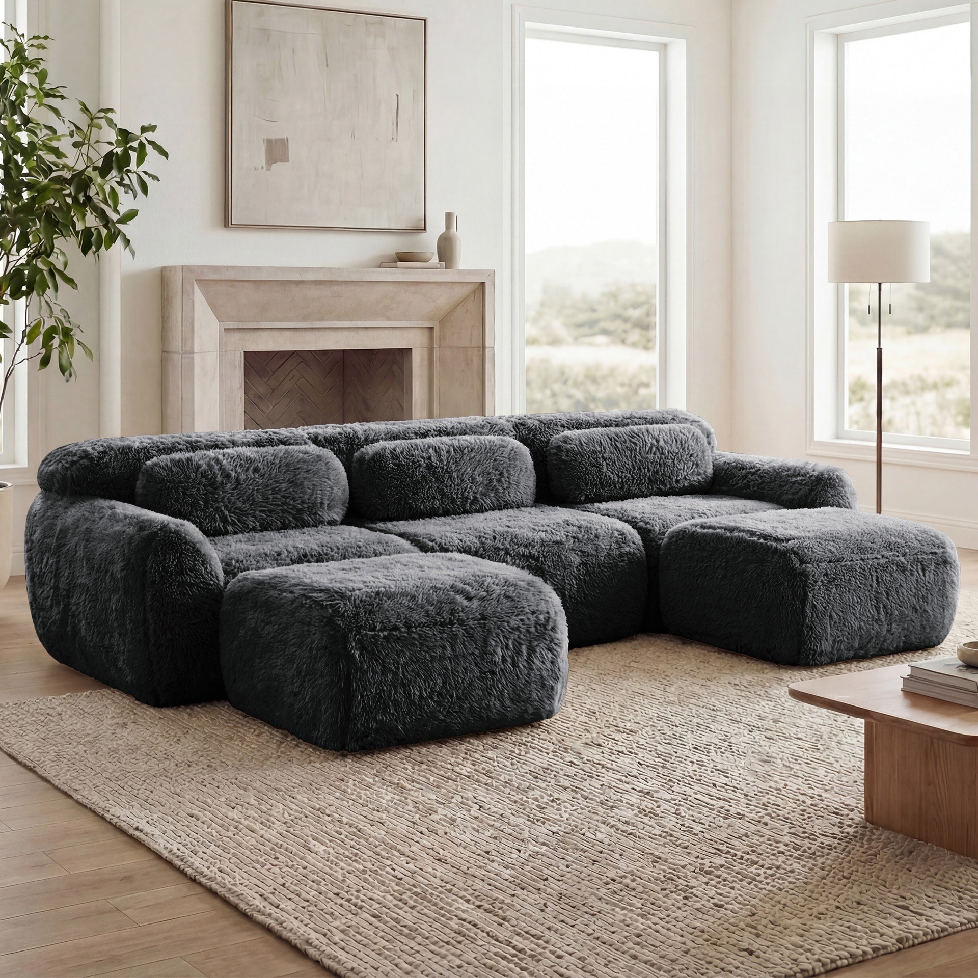 U-shaped  Boneless Sofa  32D High Density Sponge Bottom Anti-Slip Design With Chaise Free Combination  Full-compression Vacuum Packaging Deep Seat Design For Bedroom,Study,And Home Theater,Dark Grey