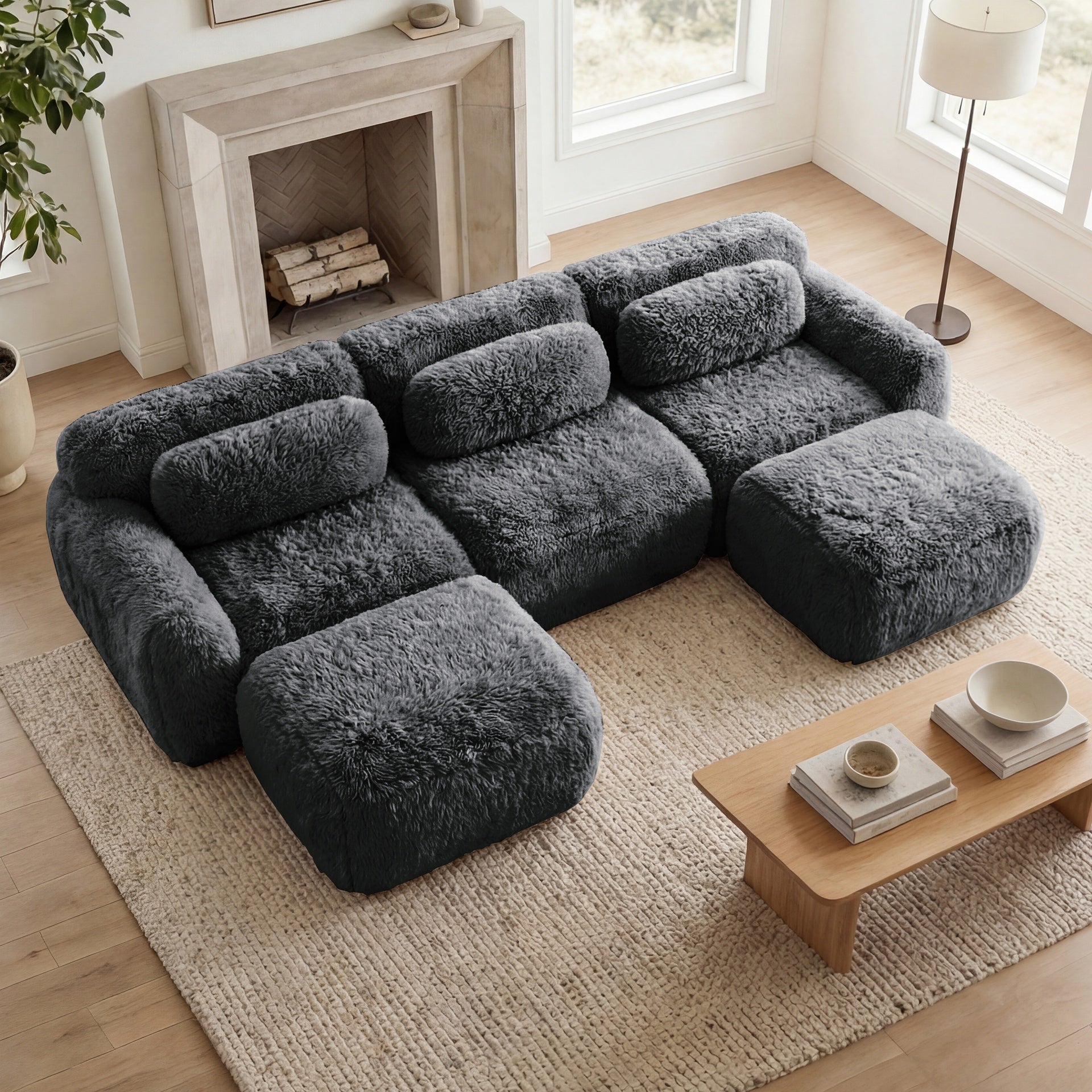 U-shaped  Boneless Sofa  32D High Density Sponge Bottom Anti-Slip Design With Chaise Free Combination  Full-compression Vacuum Packaging Deep Seat Design For Bedroom,Study,And Home Theater,Dark Grey