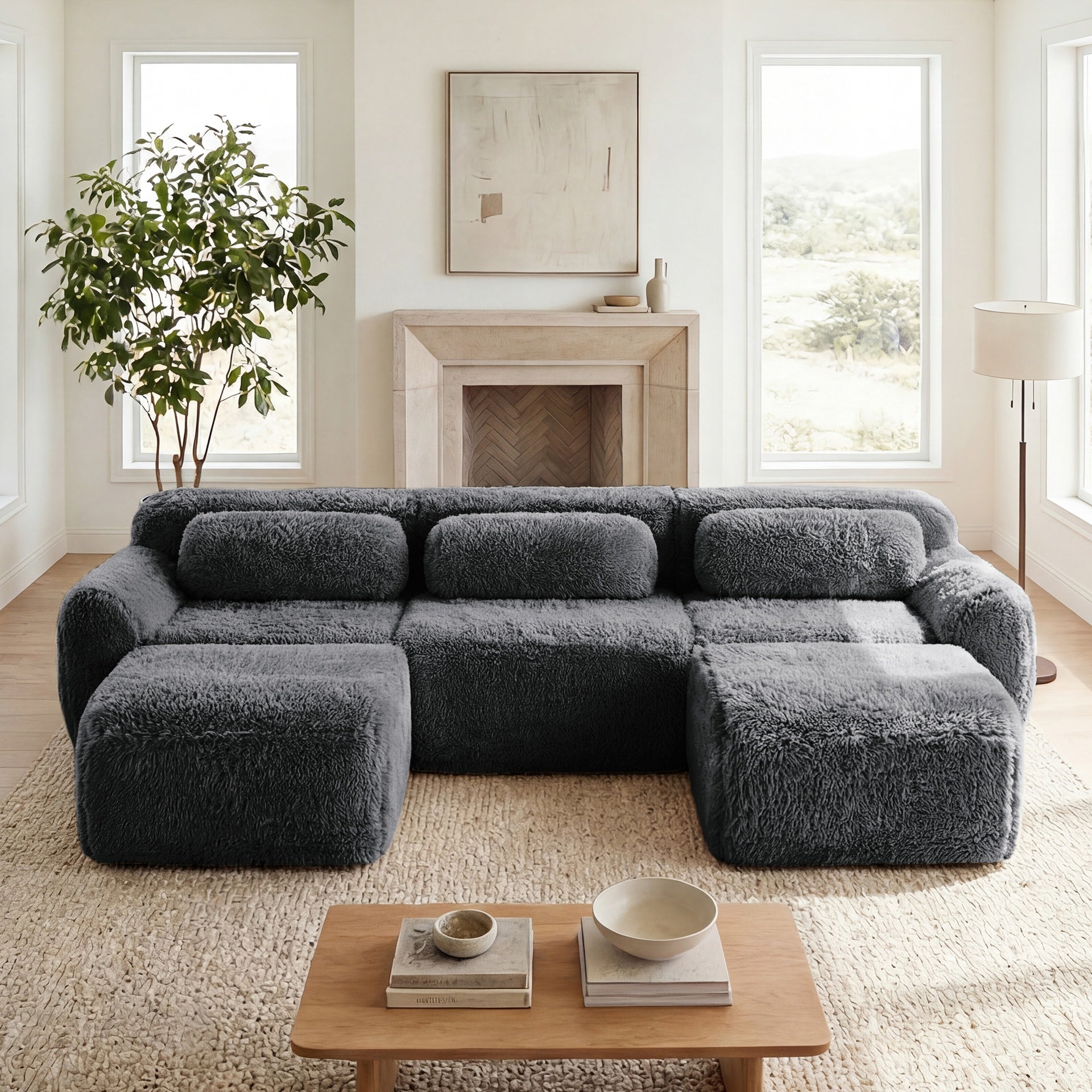 U-shaped  Boneless Sofa  32D High Density Sponge Bottom Anti-Slip Design With Chaise Free Combination  Full-compression Vacuum Packaging Deep Seat Design For Bedroom,Study,And Home Theater,Dark Grey