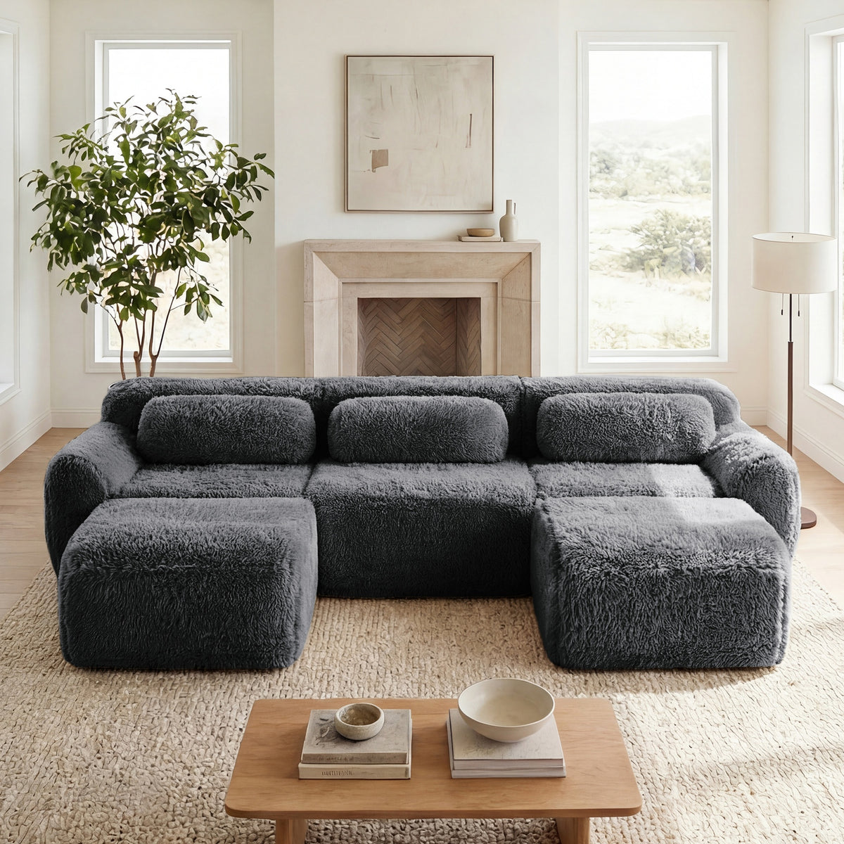 U-shaped  Boneless Sofa  32D High Density Sponge Bottom Anti-Slip Design With Chaise Free Combination  Full-compression Vacuum Packaging Deep Seat Design For Bedroom,Study,And Home Theater,Dark Grey