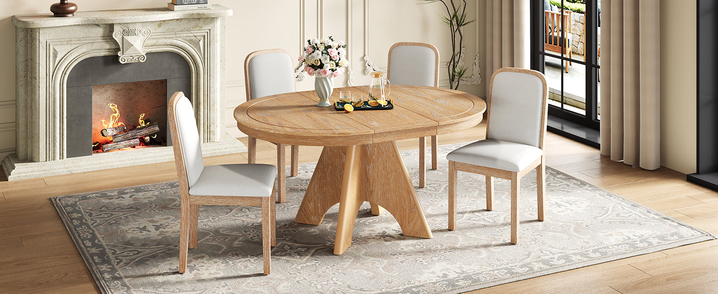 TREXM Vintage Extendable Dining Table Set for 4-6 with 4 Upholstered Chairs, 42 to 58-Inch Rustic Farmhouse Kitchen Table Set with Distressed Finish for Dining Room and Kitchen (Natural Wood Wash)