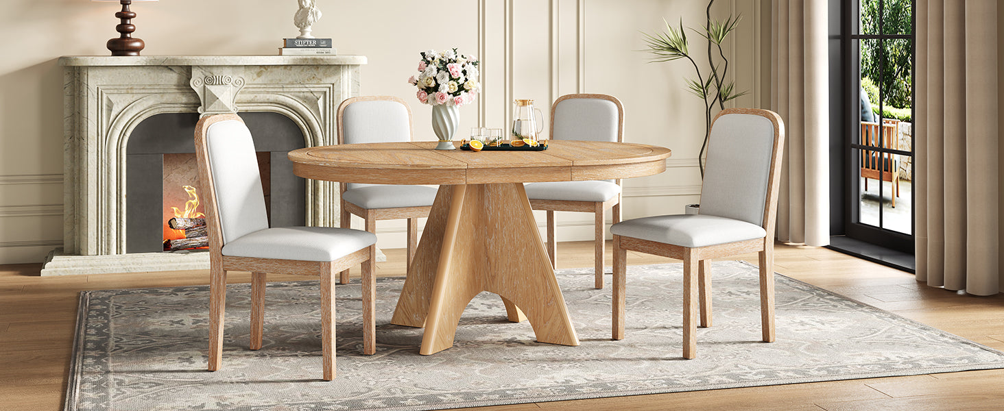 TREXM Vintage Extendable Dining Table Set for 4-6 with 4 Upholstered Chairs, 42 to 58-Inch Rustic Farmhouse Kitchen Table Set with Distressed Finish for Dining Room and Kitchen (Natural Wood Wash)