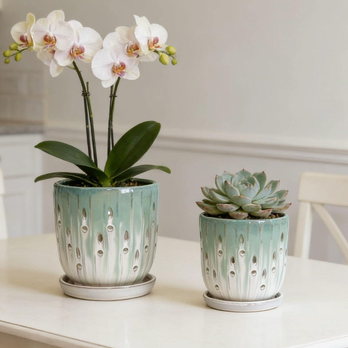 Handmade Green-White Gradient Ceramic Planter Set (7.48"×5.51" & 8.07"×6.1"), Indoor & Outdoor Flower Pots for Orchids, Succulents by Window, Breathable Holes & Lightweight