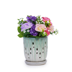 Handmade Green-White Gradient Ceramic Planter Set (7.48"×5.51" & 8.07"×6.1"), Indoor & Outdoor Flower Pots for Orchids, Succulents by Window, Breathable Holes & Lightweight