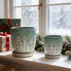 Handmade Green-White Gradient Ceramic Planter Set (7.48"×5.51" & 8.07"×6.1"), Indoor & Outdoor Flower Pots for Orchids, Succulents by Window, Breathable Holes & Lightweight