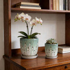 Handmade Green-White Gradient Ceramic Planter Set (7.48"×5.51" & 8.07"×6.1"), Indoor & Outdoor Flower Pots for Orchids, Succulents by Window, Breathable Holes & Lightweight