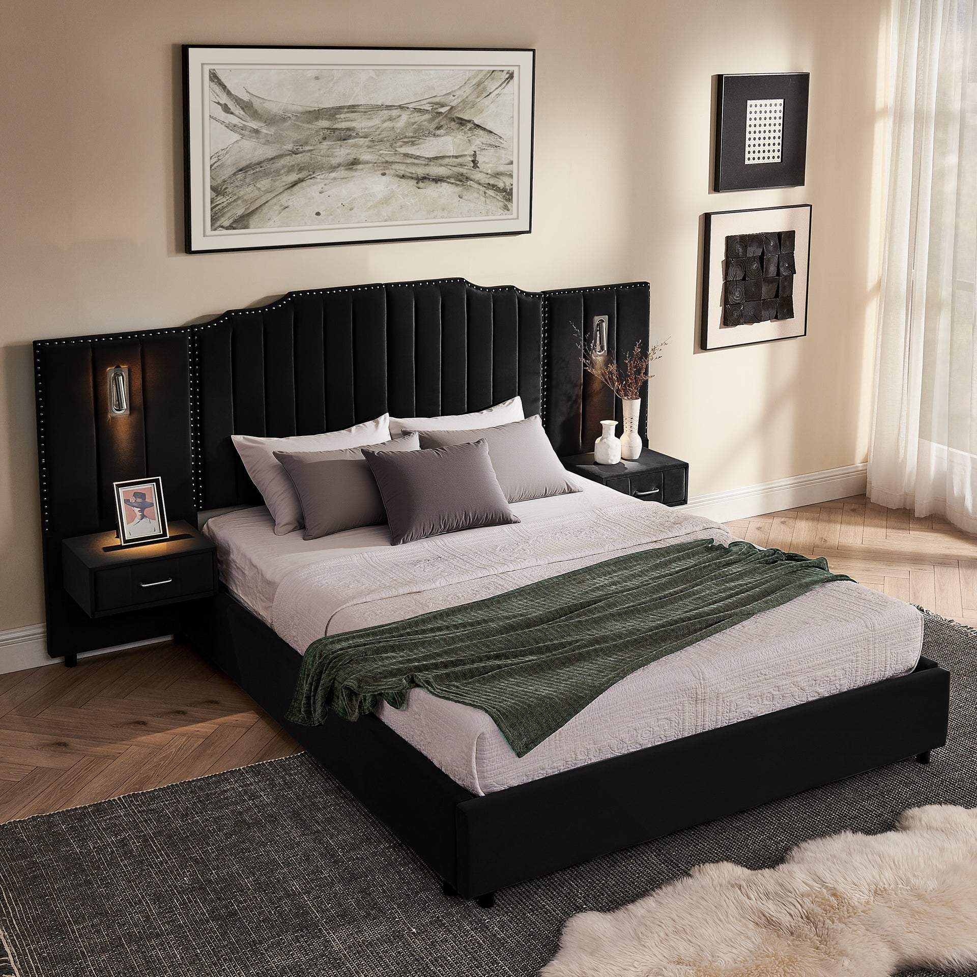 Queen Size Upholstered Bed Frame with Velvet Fabric, Vertical Stripe Design with Buttons Around  Platform Bed with Headboard, Solid Frame & Bedside Table - No Box Spring Needed-Black