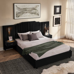 Queen Size Upholstered Bed Frame with Velvet Fabric, Vertical Stripe Design with Buttons Around  Platform Bed with Headboard, Solid Frame & Bedside Table - No Box Spring Needed-Black
