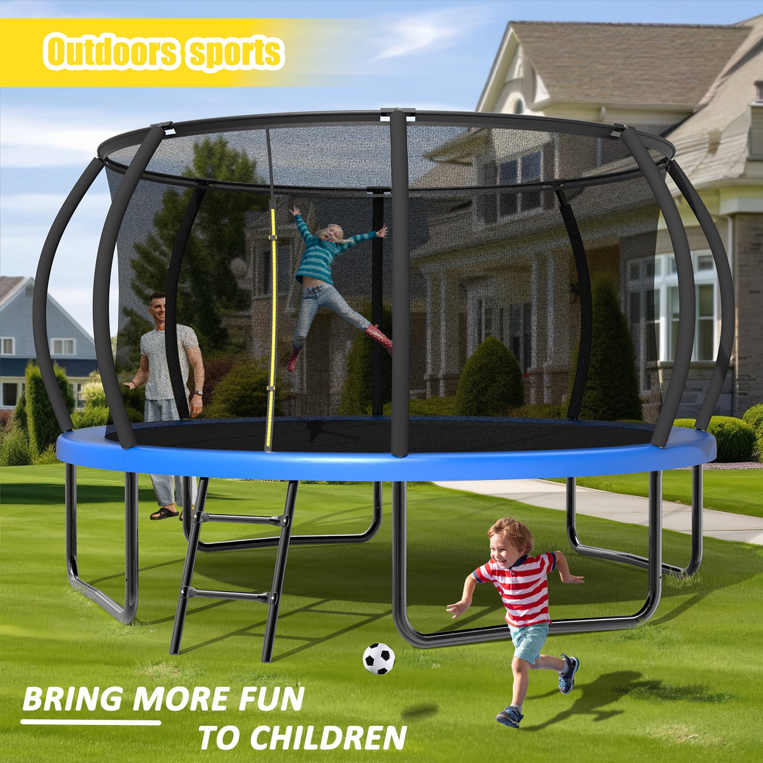12FT Recreational Kids Trampoline with Safety Enclosure Net & Ladder, Outdoor Recreational Trampolines