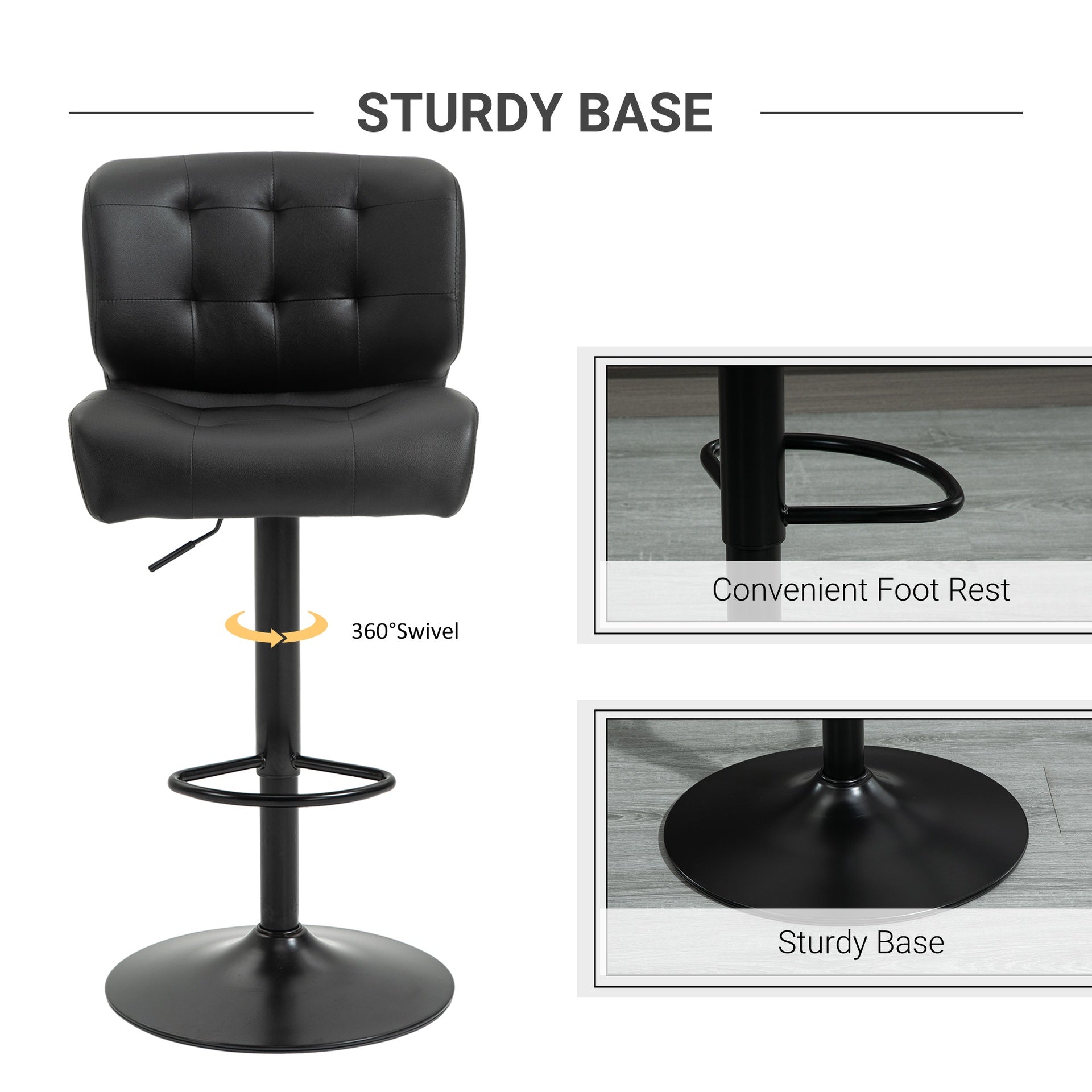 HOMCOM Bar Height Bar Stools Set of 2 with Adjustable Seat, Thick Padded Cushion and Metal Footrest for Home Bar, Black