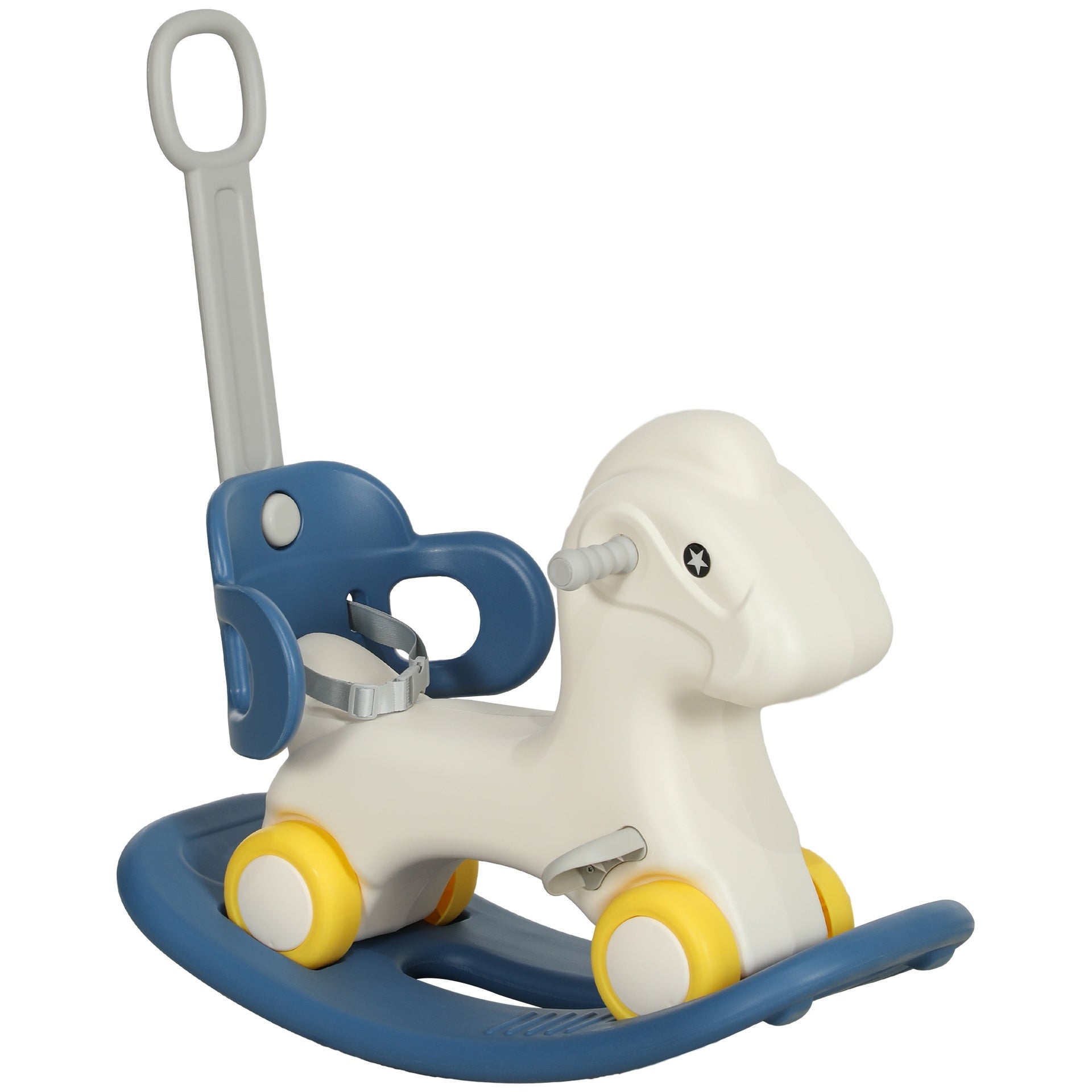 Qaba 4 in 1 Rocking Horse for Toddles 2-5 Years, Baby Ride on Horse with Detachable Push Handle & Balance Board, Kids Riding Horse Birthday Gift for Boys & Girls, Blue