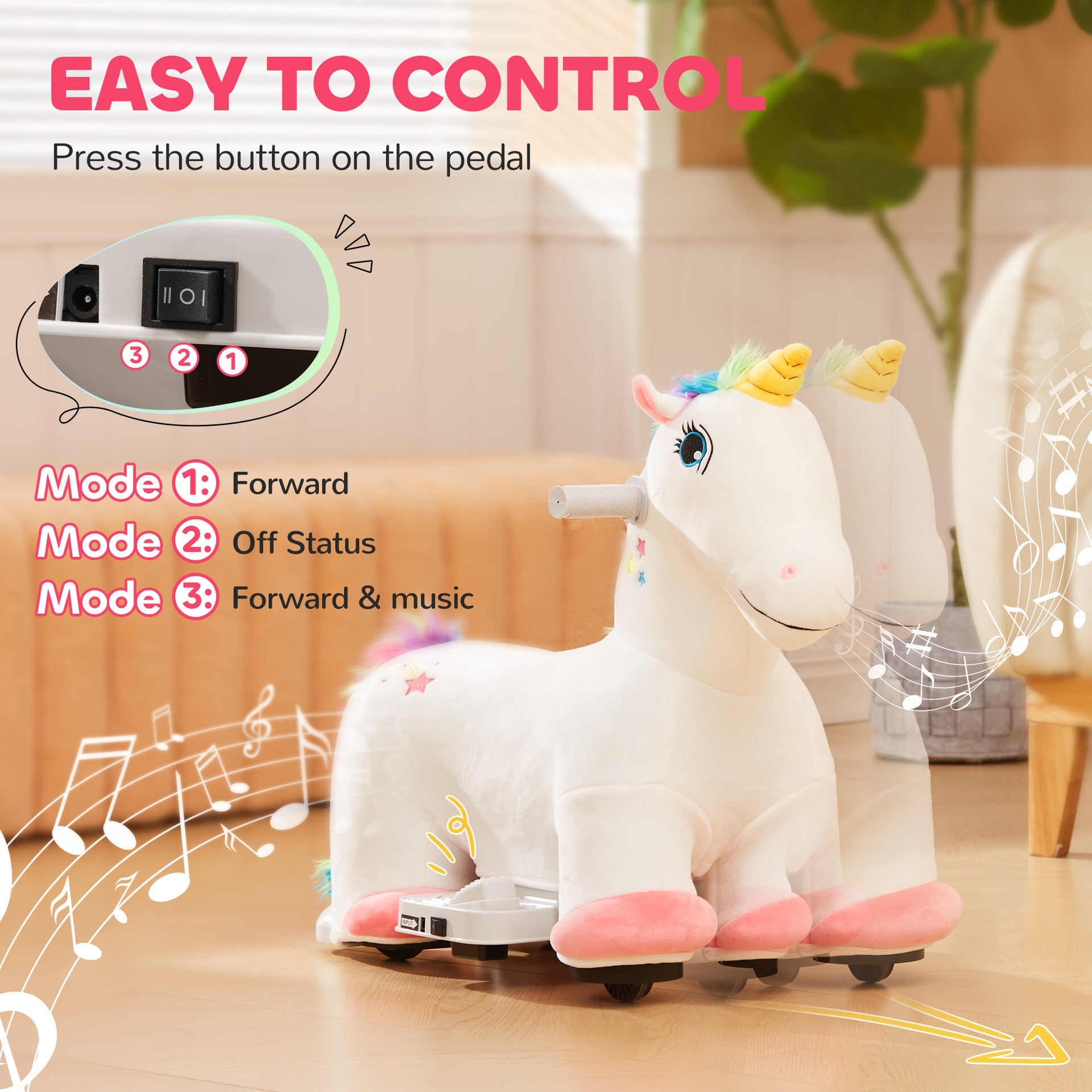 Qaba 6V Ride on Unicorn, Battery Powered Kids Electric Ride on Animal Toy with Music Forward, PU Wheels, Foot Pedal for Girls Boys Aged 18-36 Months, White