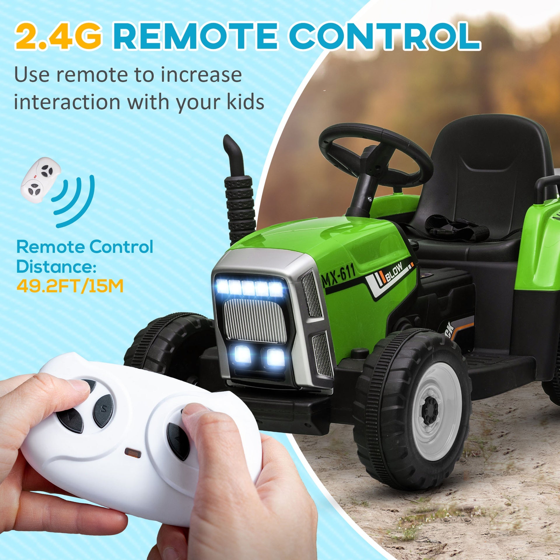 Aosom 12V Ride on Tractor with Trailer, 25W Dual Motors, Battery Powered Electric Tractor with Remote Control, Music Startup Sound and Horn, LED Lights, Green