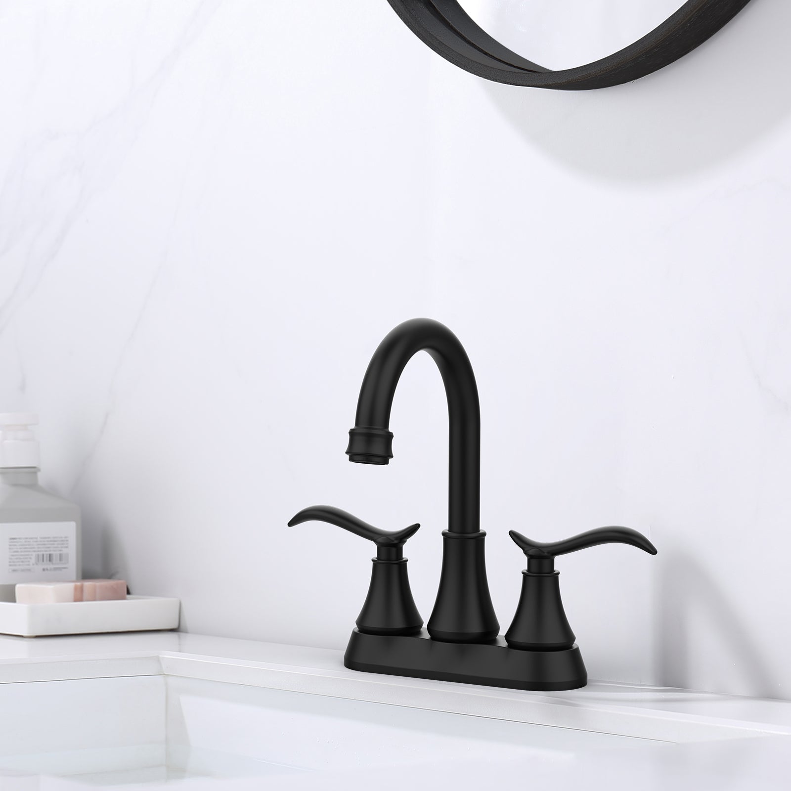 Bathroom Faucet Matt Black with Pop-up Drain & Supply Hoses 2-Handle 360 Degree High Arc Swivel Spout Centerset 4 Inch Vanity Sink Faucet