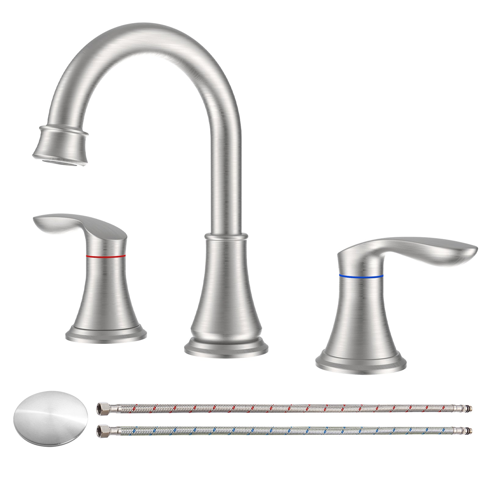 2-Handle 8 inch Widespread Bathroom Sink Faucet Brushed Nickel Lavatory Faucet 3 Hole 360° Swivel Spout Vanity Sink Basin Faucets with Pop Up Drain Assembly and cUPC Water Supply Hoses