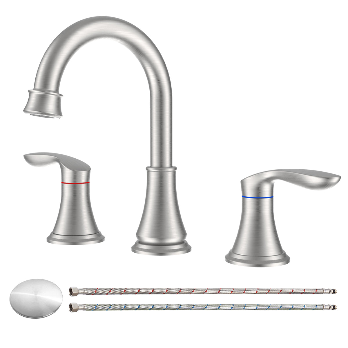 2-Handle 8 inch Widespread Bathroom Sink Faucet Brushed Nickel Lavatory Faucet 3 Hole 360° Swivel Spout Vanity Sink Basin Faucets with Pop Up Drain Assembly and cUPC Water Supply Hoses