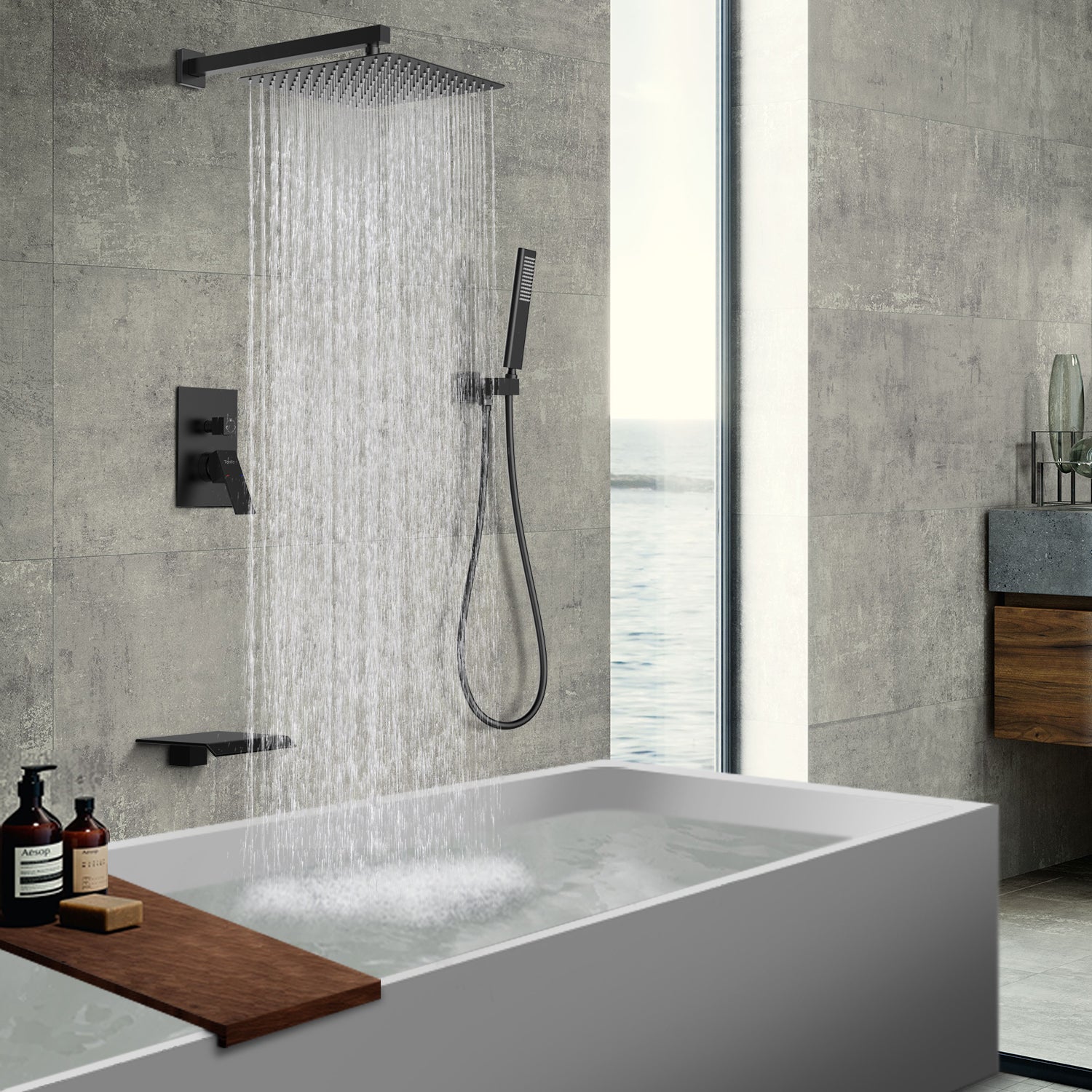 Male NPT Matte Black Shower System, 12 Inch Shower Fixtures Rain Shower Head with Handheld Shower Spray, Wall Mount Shower Faucet Set for Bathroom(Pressure Balance Shower Trim Valve Kit Included)