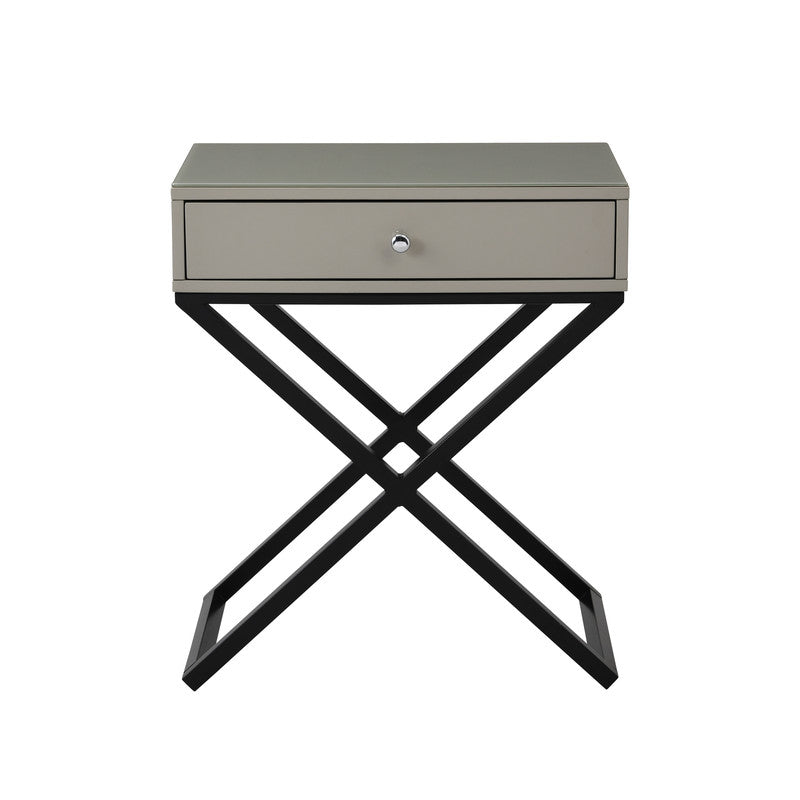 Koraldo 23"W Taupe Wooden End Side Table Nightstand with Glass Top, Drawer and Metal Cross Base