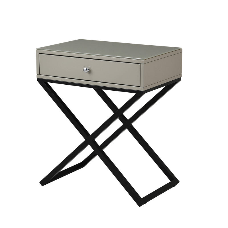 Koraldo 23"W Taupe Wooden End Side Table Nightstand with Glass Top, Drawer and Metal Cross Base