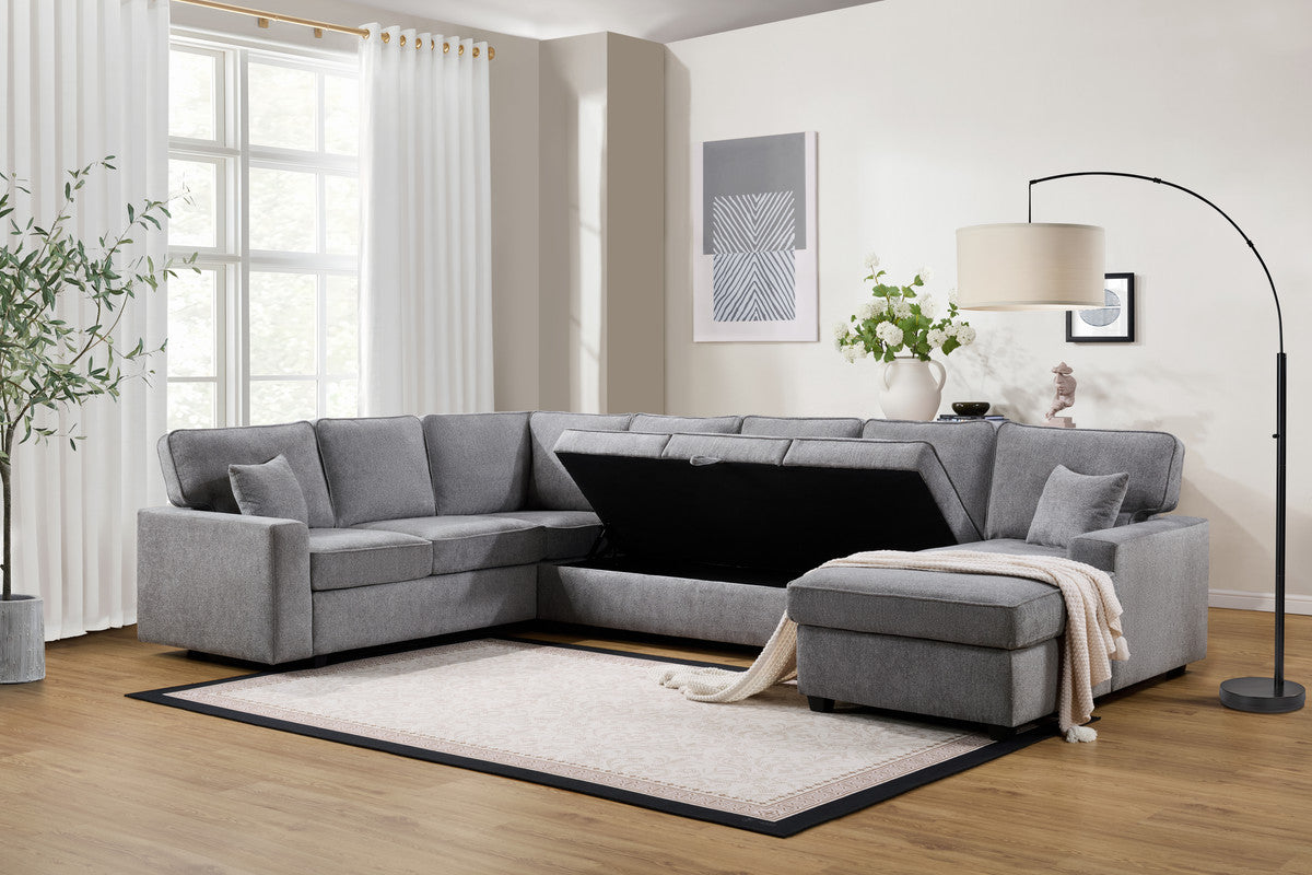 Samira 137"W Gray Chenille Sectional Sofa with Right-Facing Chaise, Underseat Storage, Throw Pillows