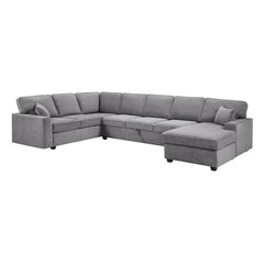 Samira 137"W Gray Chenille Sectional Sofa with Right-Facing Chaise, Underseat Storage, Throw Pillows