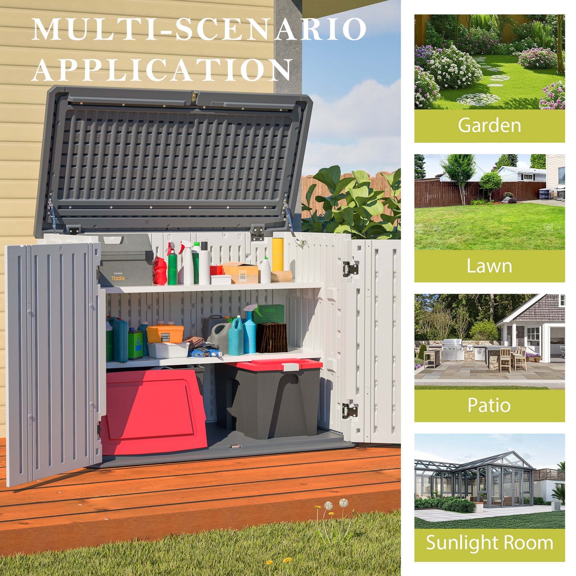 Horizontal Storage Shed with Removable Shelf, Large Lockable Outdoor Storage Cabinet, Weather-Resistant HDPE Plastic Storage Unit for Backyard, Patio, Garden – 28 Cu.ft, Ivory White