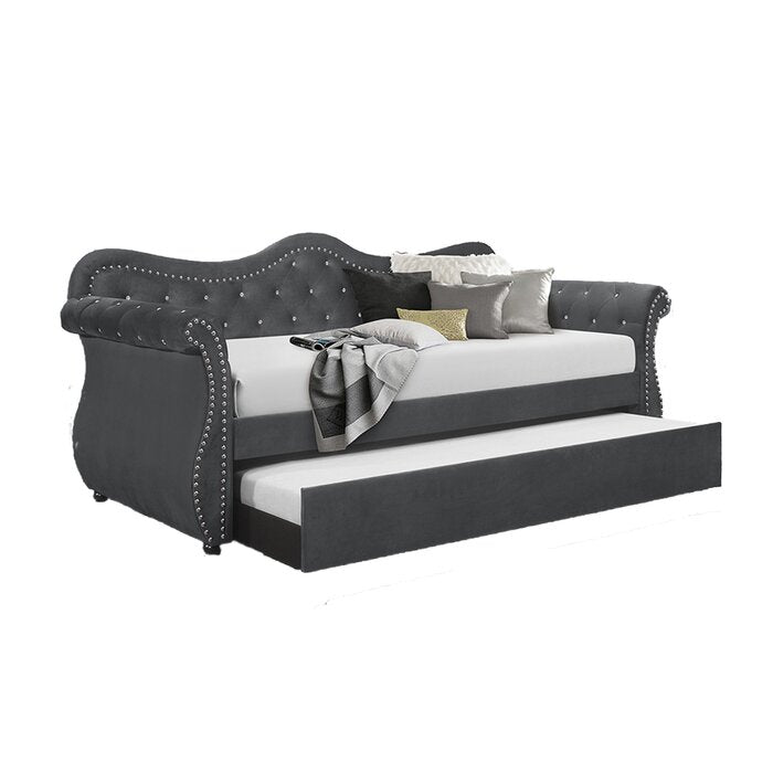 Abby Upholstered Velvet Wood Daybed with Trundle in Gray