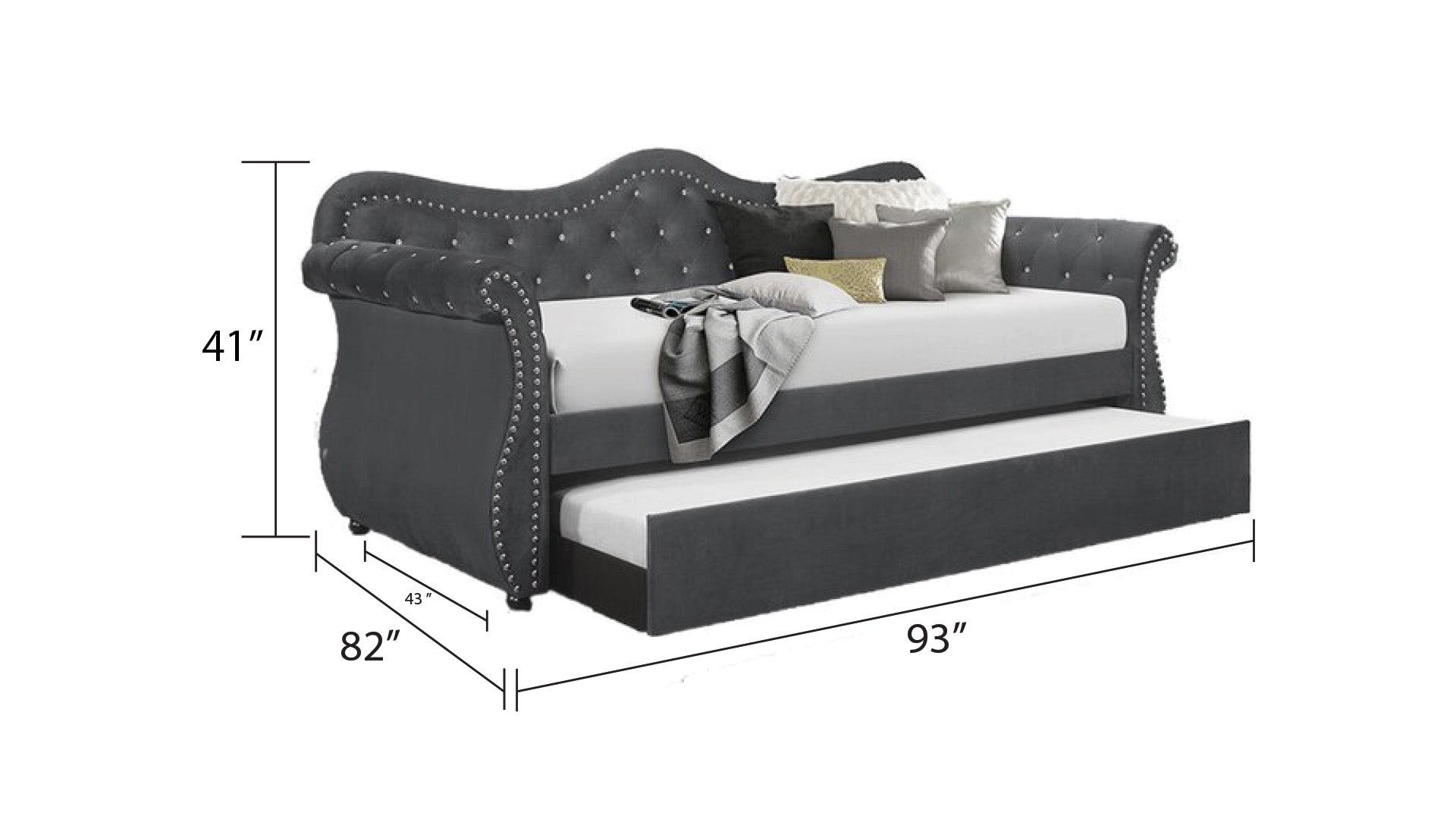 Abby Upholstered Velvet Wood Daybed with Trundle in Gray