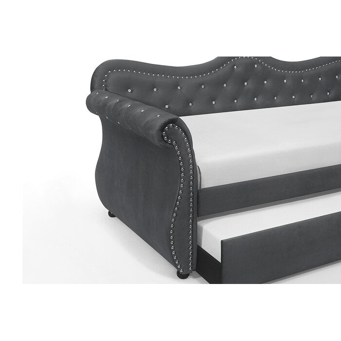 Abby Upholstered Velvet Wood Daybed with Trundle in Gray