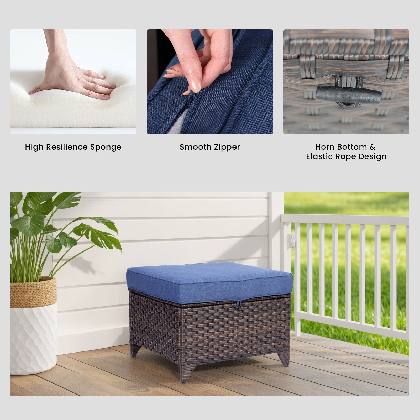 Outdoor PE Wicker Ottomans Set of 2, Patio Gray Rattan Footrests with Blue Cushions for Backyard or Deck