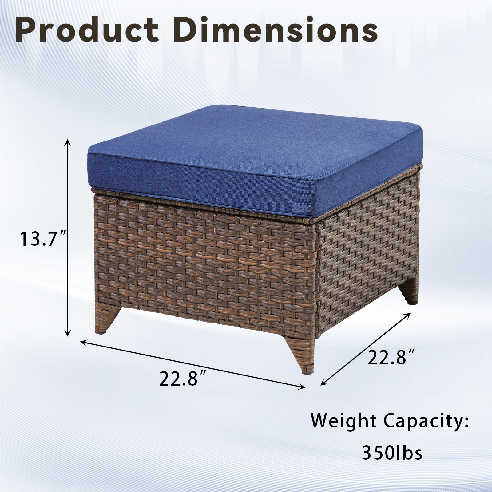 Outdoor PE Wicker Ottomans Set of 2, Patio Gray Rattan Footrests with Blue Cushions for Backyard or Deck