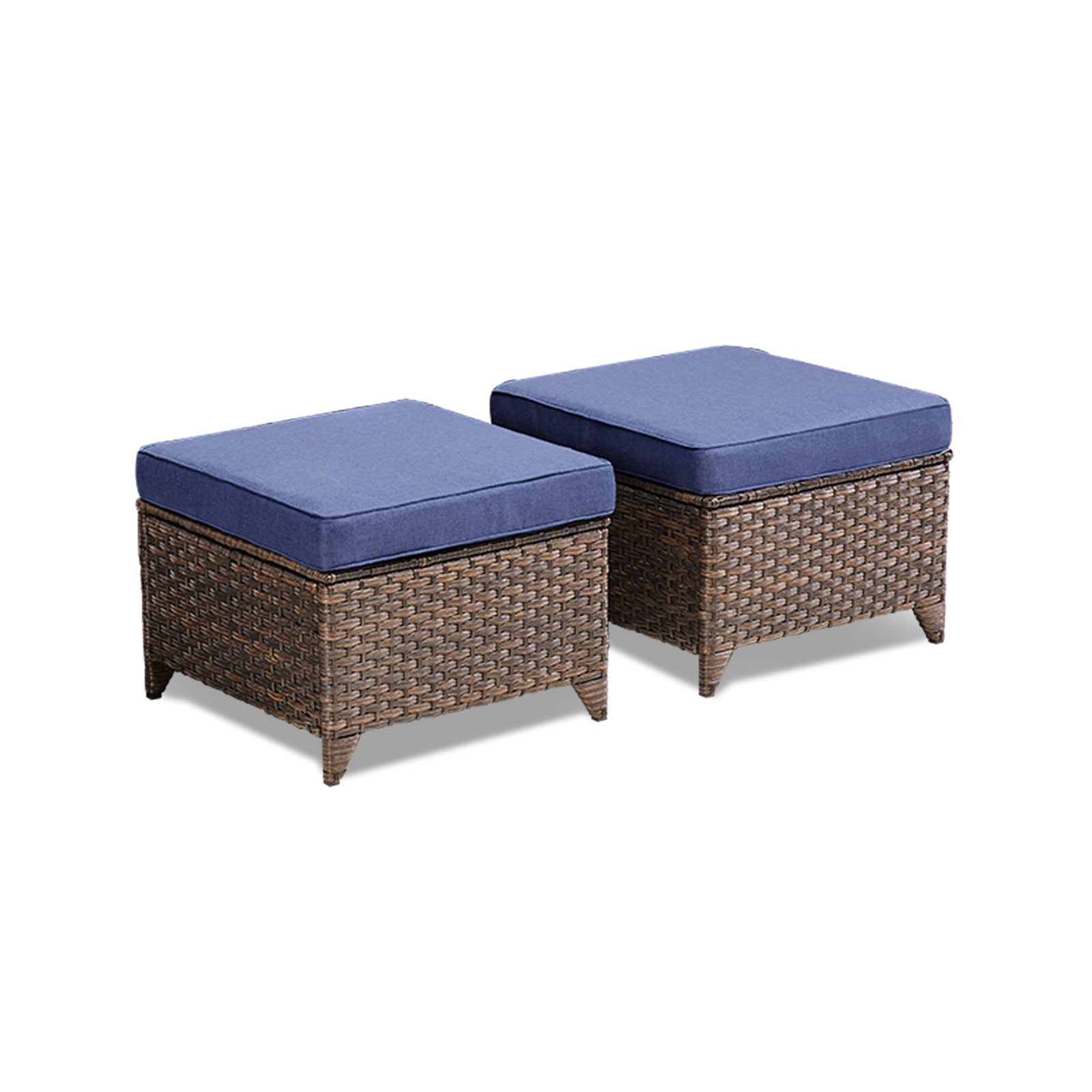 Outdoor PE Wicker Ottomans Set of 2, Patio Gray Rattan Footrests with Blue Cushions for Backyard or Deck