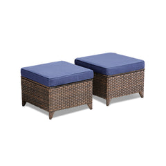 Outdoor PE Wicker Ottomans Set of 2, Patio Gray Rattan Footrests with Blue Cushions for Backyard or Deck
