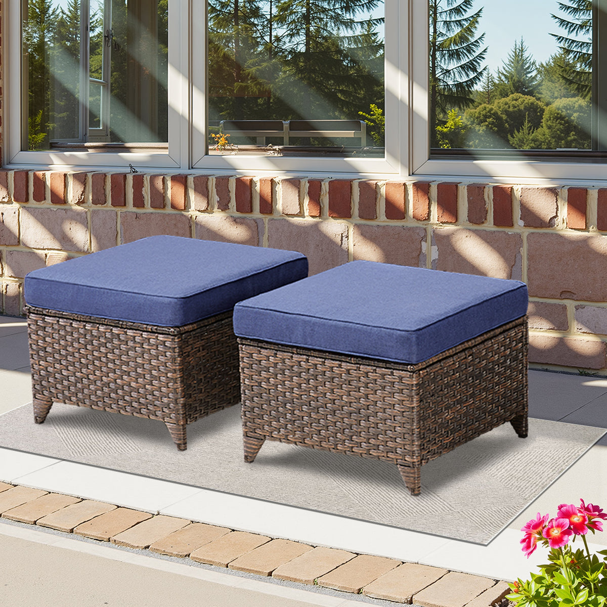Outdoor PE Wicker Ottomans Set of 2, Patio Gray Rattan Footrests with Blue Cushions for Backyard or Deck