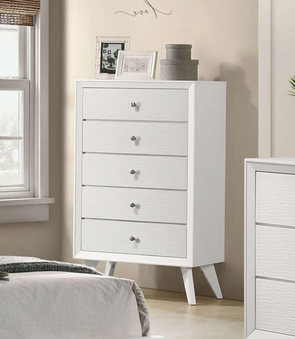 Contemporary Style 1pc Chest Angled Legs Round Bronze Knobs Wave Texture White Finish