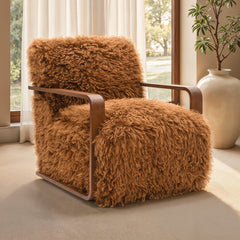 Camel Brown Finish 1pc Accent Chair Long Soft Faux Fur Retro Inspired Curve Wooden Arms Tight Seat And Back Primary living Room