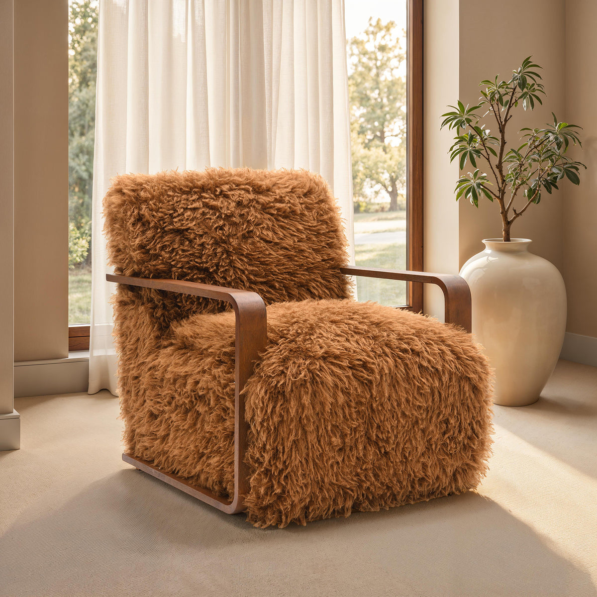 Camel Brown Finish 1pc Accent Chair Long Soft Faux Fur Retro Inspired Curve Wooden Arms Tight Seat And Back Primary living Room
