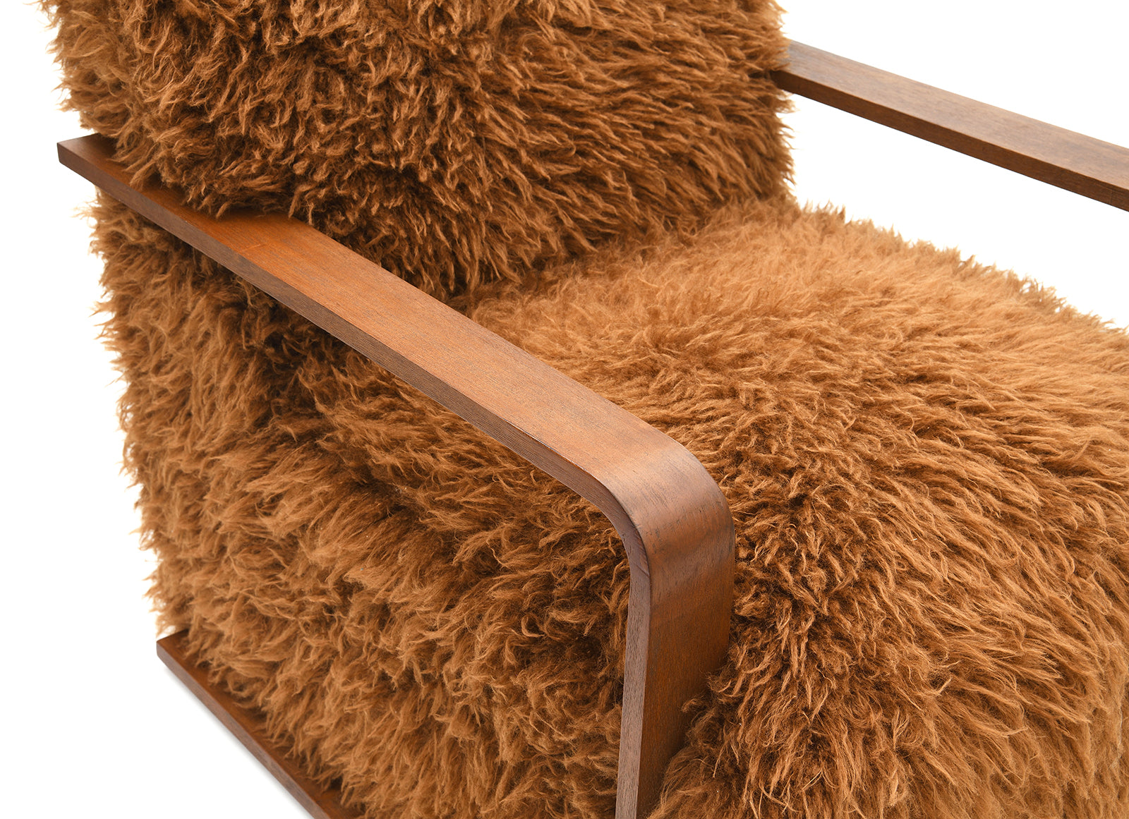 Camel Brown Finish 1pc Accent Chair Long Soft Faux Fur Retro Inspired Curve Wooden Arms Tight Seat And Back Primary living Room