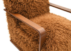 Camel Brown Finish 1pc Accent Chair Long Soft Faux Fur Retro Inspired Curve Wooden Arms Tight Seat And Back Primary living Room