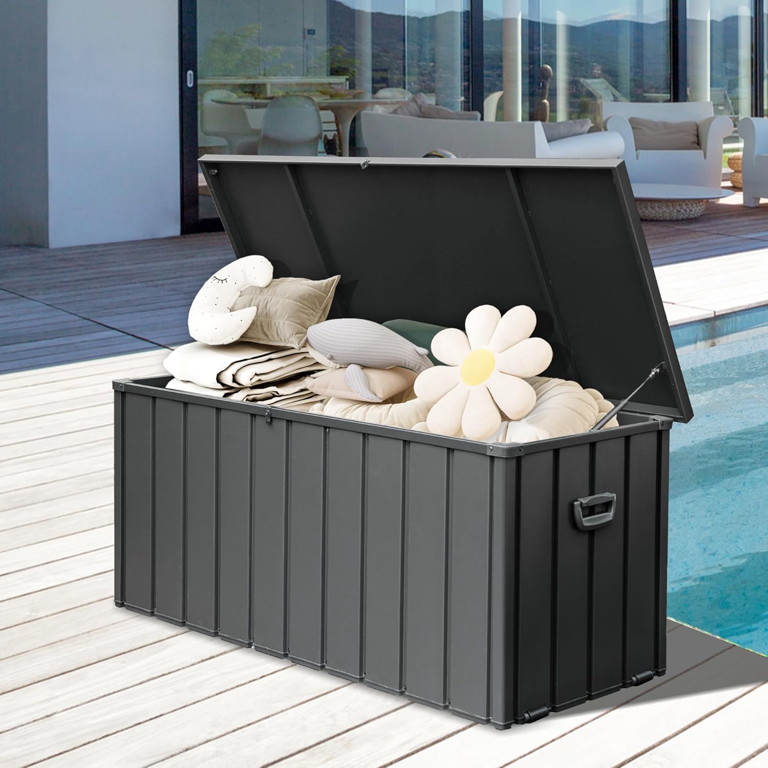 190 Gallon Metal Deck Box, Waterproof Steel Outdoor Box, Large Patio Furniture Storage Cabinet, Lockable Storage Bench for Porch Package Delivery, Pillows, Cushions, Pool, Tools, Backyard, Grey