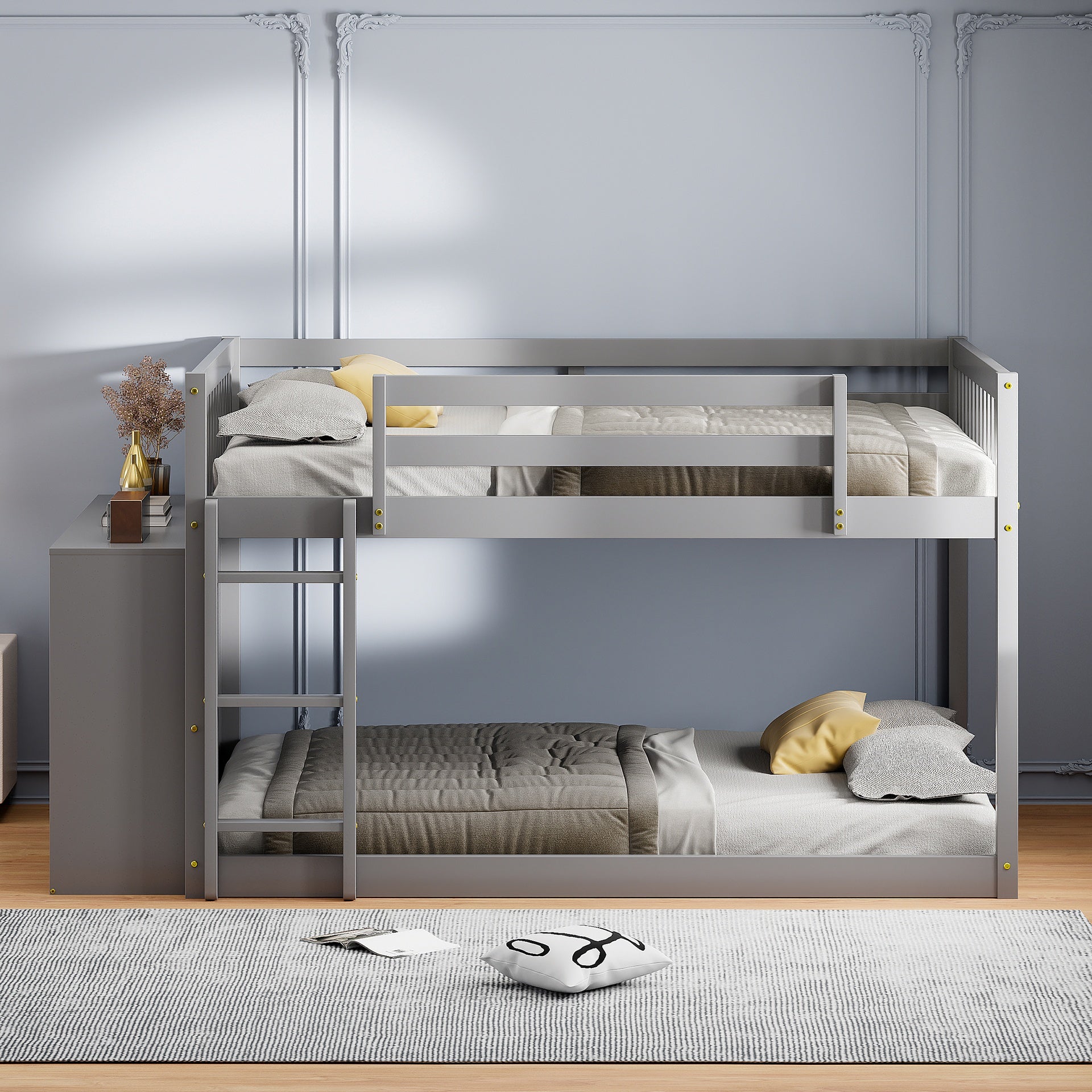 Full over Full Bunk Bed with 4 Drawers and 3 Shelves-Gray