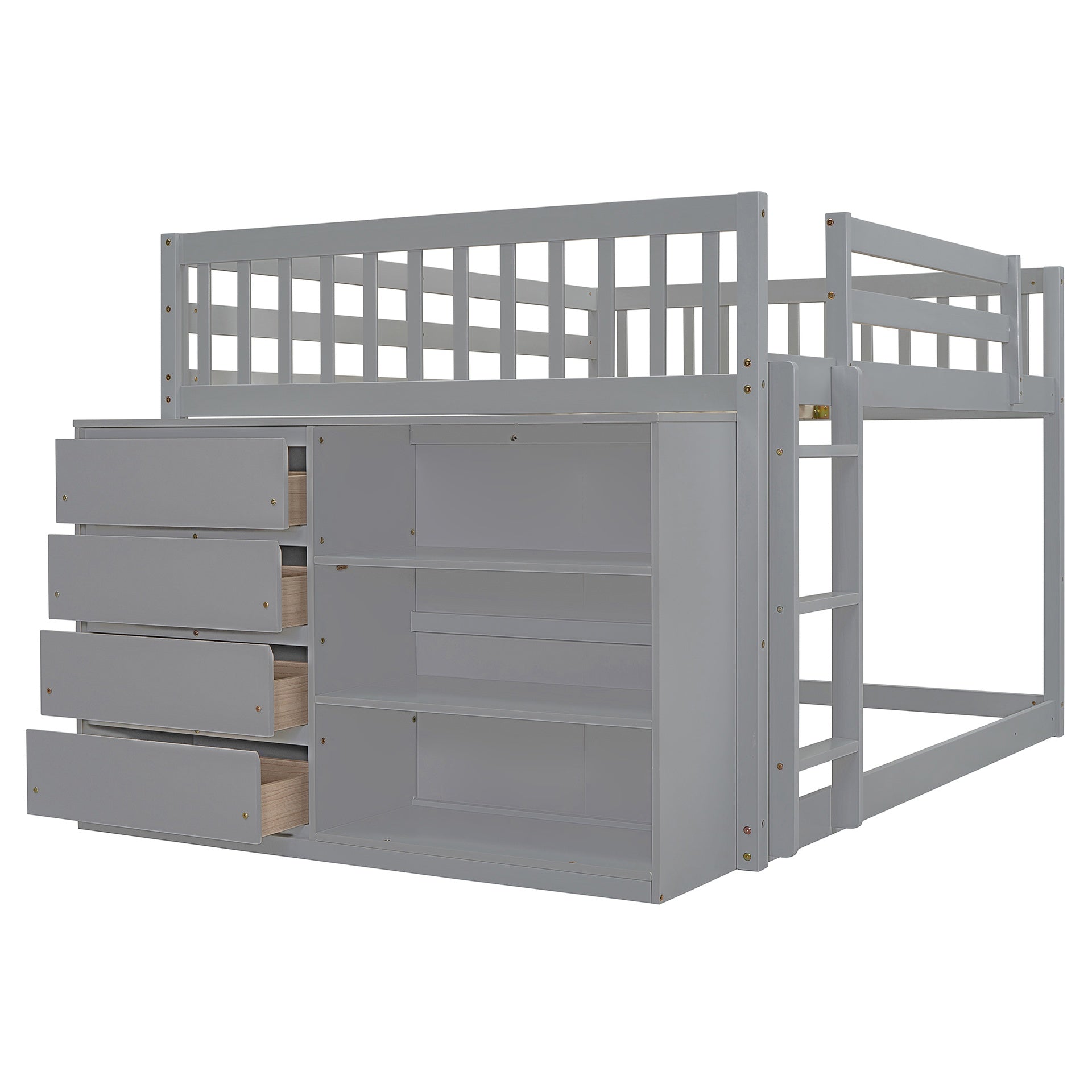 Full over Full Bunk Bed with 4 Drawers and 3 Shelves-Gray