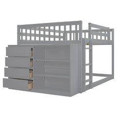 Full over Full Bunk Bed with 4 Drawers and 3 Shelves-Gray