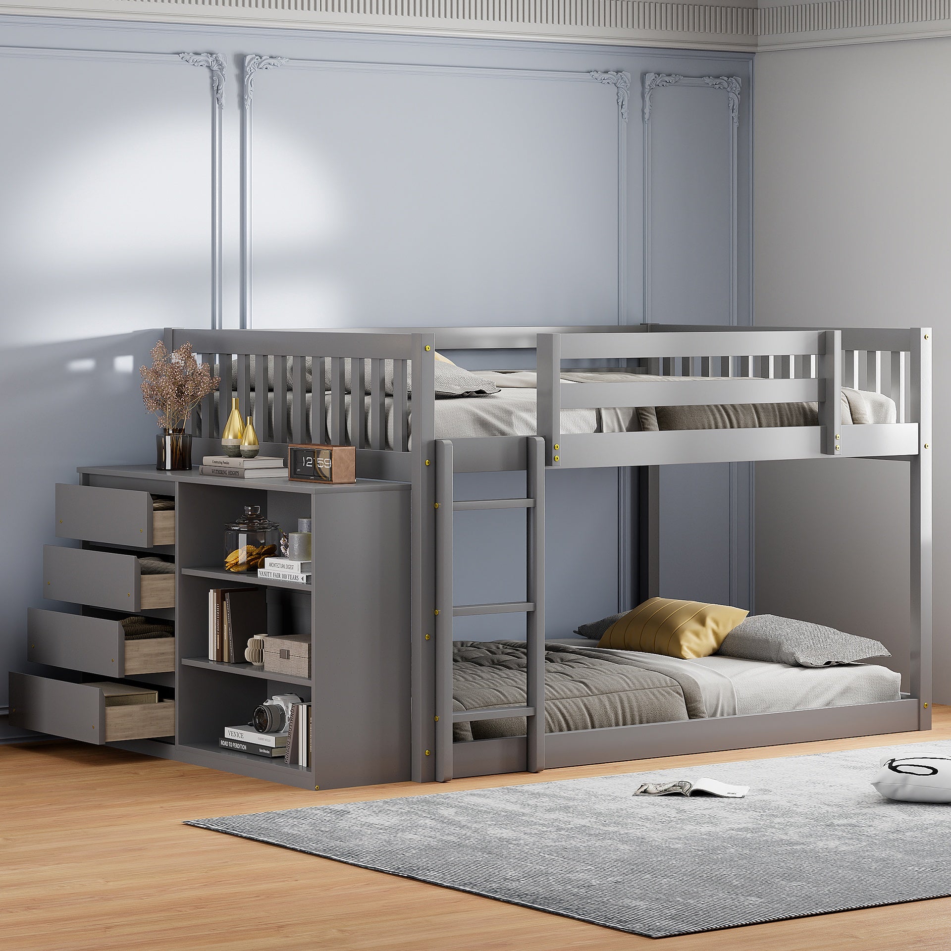 Full over Full Bunk Bed with 4 Drawers and 3 Shelves-Gray