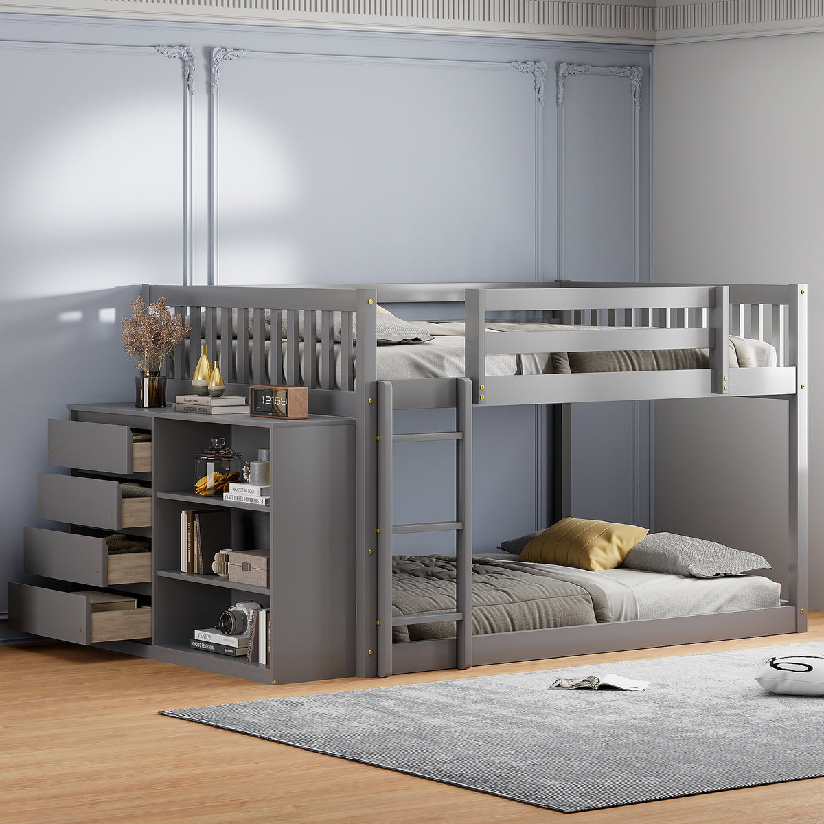 Full over Full Bunk Bed with 4 Drawers and 3 Shelves-Gray