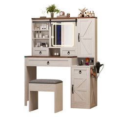 Farmhouse Vanity Desk with Sliding Mirror and Lights, Vanity Set with Glass Top and Charging Station ,Dressing Table with 4 Drawers and 2 Cabinets, Dressing Table with Stool for Bedroom, White