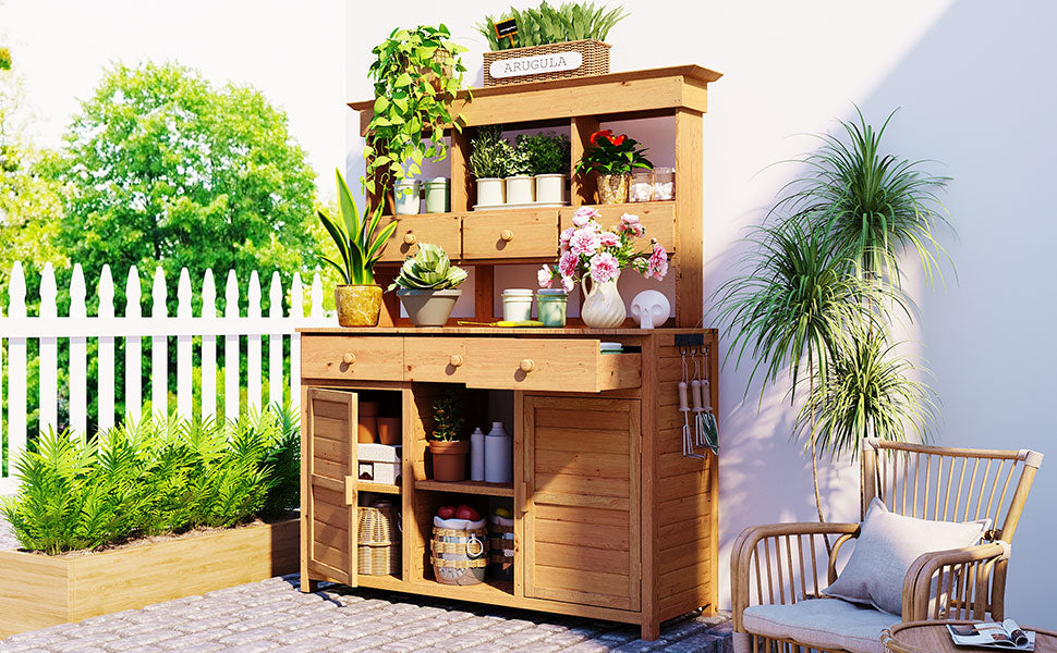 [Assembly Video Provided] TOPMAX 65.7'' H Tall Garden Potting Bench Table with Hutch,Patio Storage Workstation with 3 Shelves,6 Drawers,2 Bottom Cabinets&Side Hooks for Mudroom,Doorway, Natural