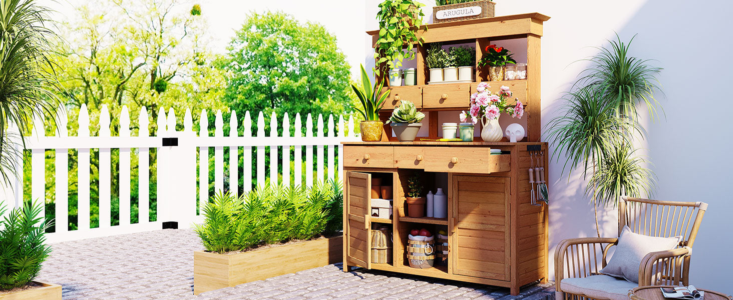 [Assembly Video Provided] TOPMAX 65.7'' H Tall Garden Potting Bench Table with Hutch,Patio Storage Workstation with 3 Shelves,6 Drawers,2 Bottom Cabinets&Side Hooks for Mudroom,Doorway, Natural