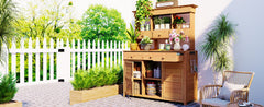 [Assembly Video Provided] TOPMAX 65.7'' H Tall Garden Potting Bench Table with Hutch,Patio Storage Workstation with 3 Shelves,6 Drawers,2 Bottom Cabinets&Side Hooks for Mudroom,Doorway, Natural