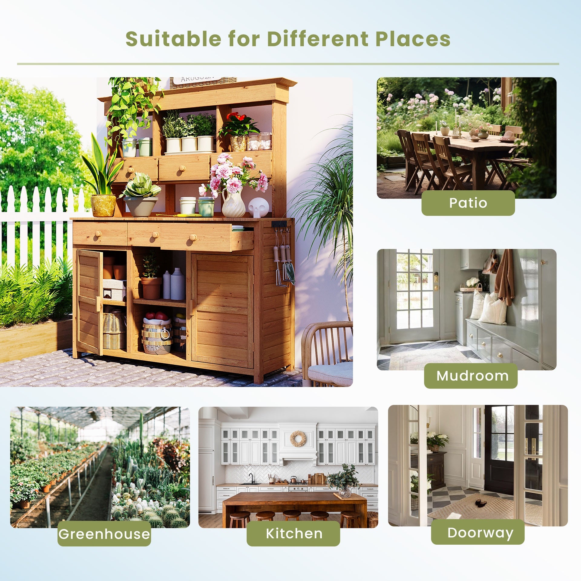 [Assembly Video Provided] TOPMAX 65.7'' H Tall Garden Potting Bench Table with Hutch,Patio Storage Workstation with 3 Shelves,6 Drawers,2 Bottom Cabinets&Side Hooks for Mudroom,Doorway, Natural